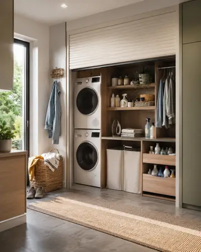 Uși tip rulou pentru mobilier în spălătorie: iei detergentul fără să muți coșul