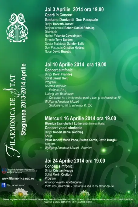 Program Aprilie 2014 la Filarmonica de Stat Arad
